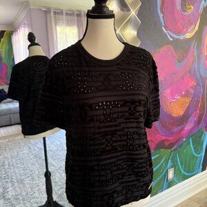CHANEL 2021 Black Flocked Velvet CC Logo Short Sleeve with Scoop Neck T-Shirt